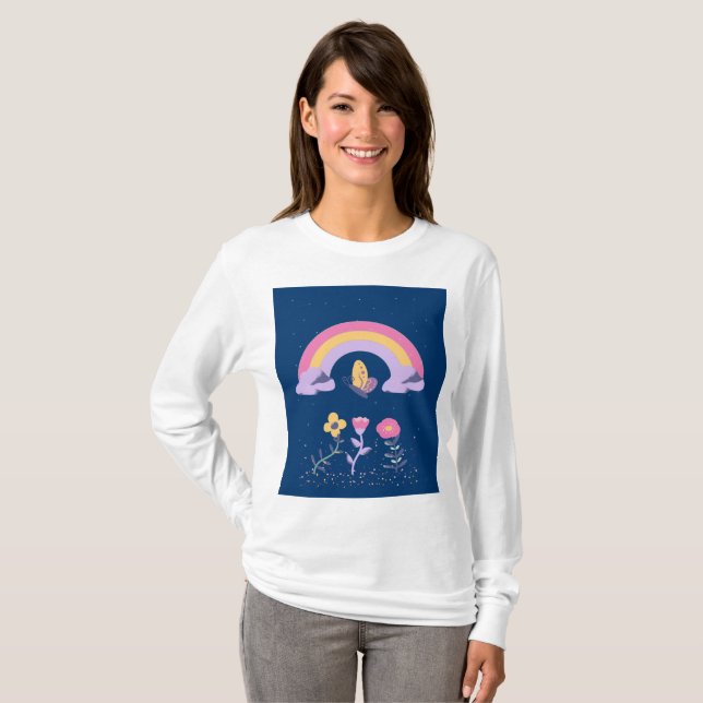 Camiseta Nuvem de Flores de Borboleta Arco-Íris (Frente Completa)