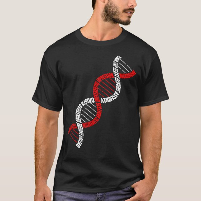 Camiseta Nuvem de Palavras Bioinformáticas do DNA de Hélice (Frente)