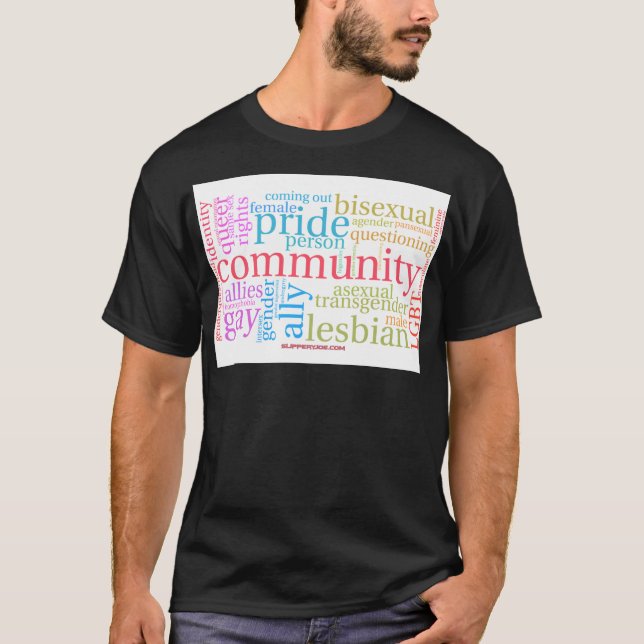 Camiseta Nuvem de palavras da comunidade LGBTQ+ do arco-íri (Frente)