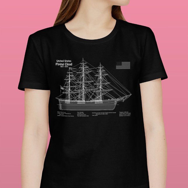 Camiseta Nuvem de Voo de Entrega do Clipper - ABD de Bluepr (Clipper Ship Flying Cloud - Blueprint ABD. Women Basic Black T-Shirt )
