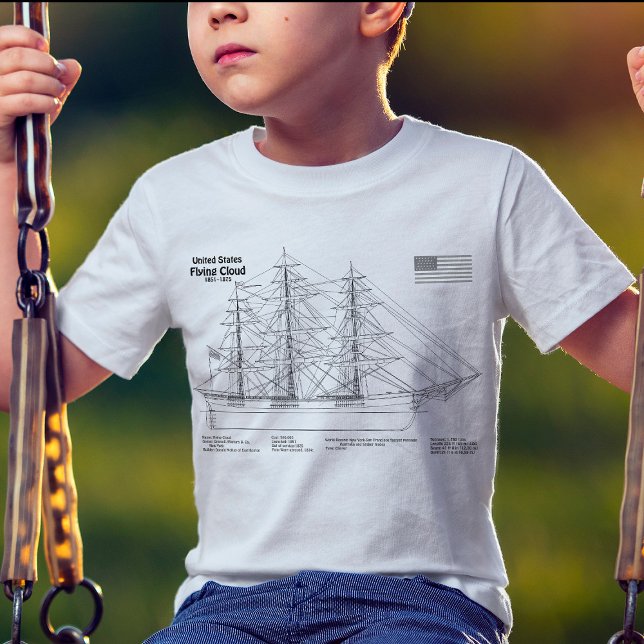 Camiseta Nuvem de Voo de Entrega do Clipper - Esquema de En (Clipper Ship Flying Cloud - Ship Blueprint SD. Boy Basic White T-Shirt)