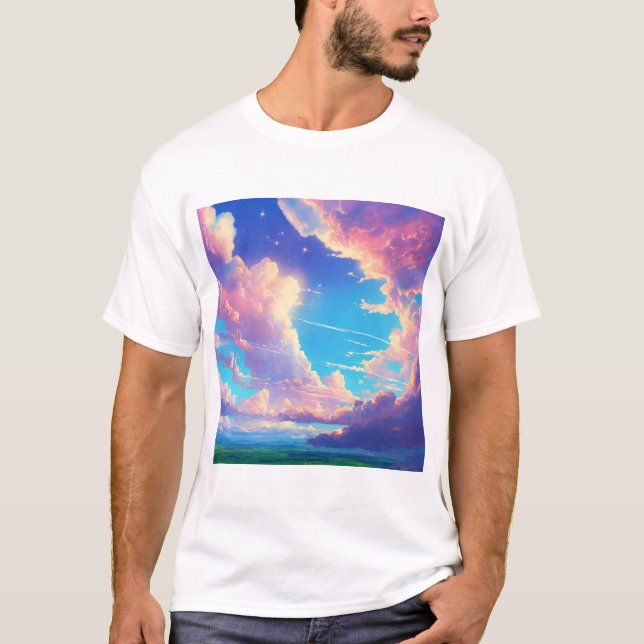 Camiseta Nuvens cores brancas, azuis, cor-de-rosa (Frente)