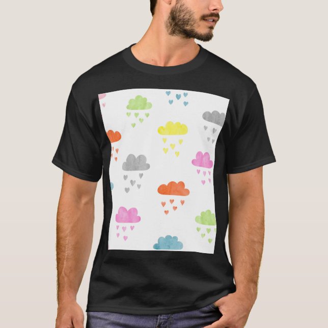 Camiseta Nuvens Sonhadoras: Chuva De Coração Por Aquarela (Frente)