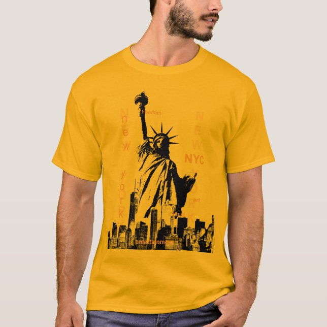 Camiseta Nyc Manhattan Liberty Statens Mens Dourado Cor (Frente)
