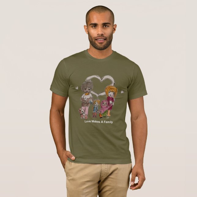 Camiseta O amor faz uma família pelo t-shirt verde-oliva (Frente Completa)