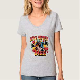 Camiseta O Amor Nunca Morre – Pin-Up de Terror Zumbi Retro