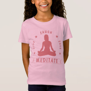 Camiseta O amor vivo do riso Meditate texto fêmea (o rosa)