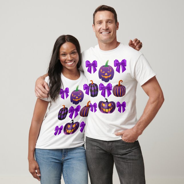 Camiseta O arco do Pumpkin Halloween Roxo cai (Unissex)
