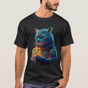 Camiseta O Astronauta de Gato do Espaço Azul Mantém o Módul