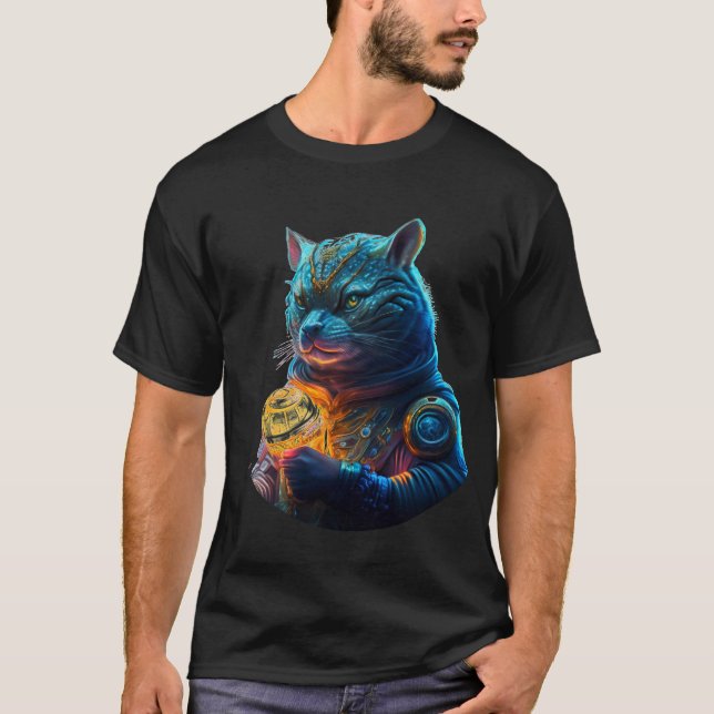 Camiseta O Astronauta de Gato do Espaço Azul Mantém o Módul (Frente)