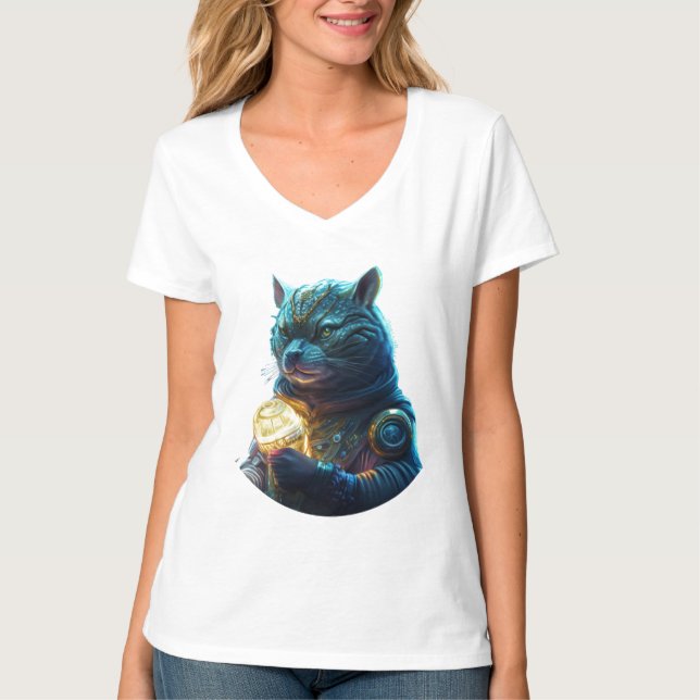Camiseta O Astronauta de Gato do Espaço Azul Mantém o Módul (Frente)