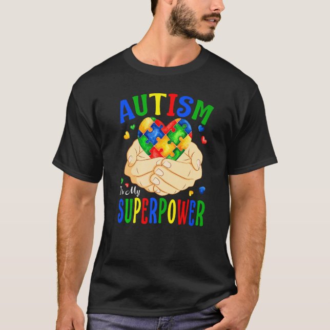 Camiseta O Autismo É Meu Superpoder Autismo Coração Puzzle (Frente)