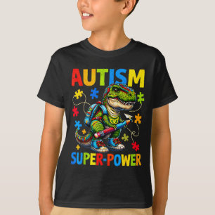 Camiseta O autismo é meu superpoder dino t rex puzzle