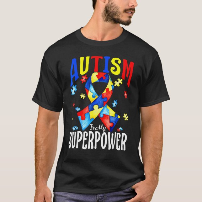 Camiseta O Autismo É Meu Superpoder Fita de Conscientização (Frente)
