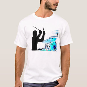 Camiseta O baterista cola em cilindros invertidos do azul