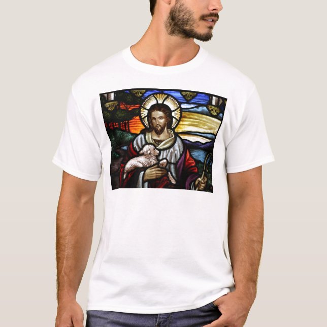 Camiseta O Bom Pastor; Jesus em vidro manchado (Frente)