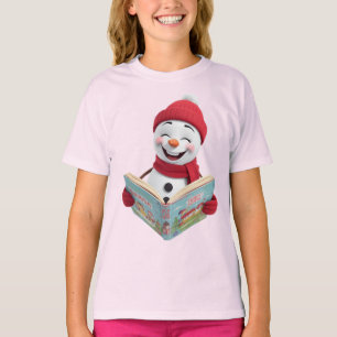 Camiseta O boneco de neve está lendo o livro e sorrindo.