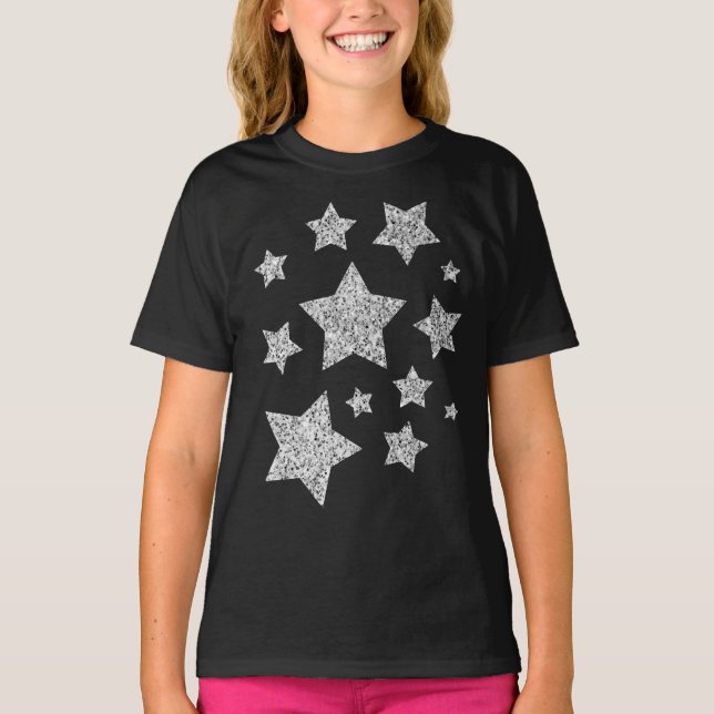 Camiseta O brilho da prata brilha as estrelas brancas preta (Frente)
