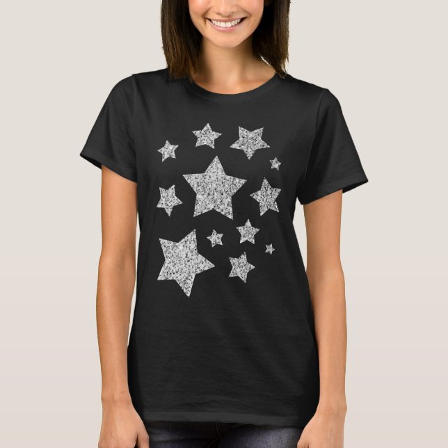 Camiseta O brilho da prata brilha as estrelas brancas preta (Frente)