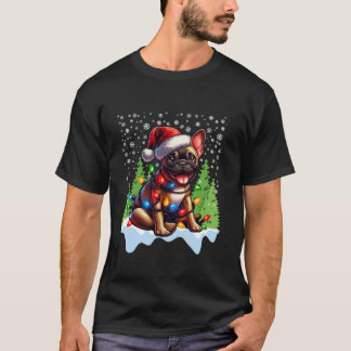 Camiseta O Buldogue Francês Natal Santa Hat Lights Tree Sno