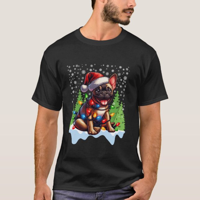 Camiseta O Buldogue Francês Natal Santa Hat Lights Tree Sno (Frente)