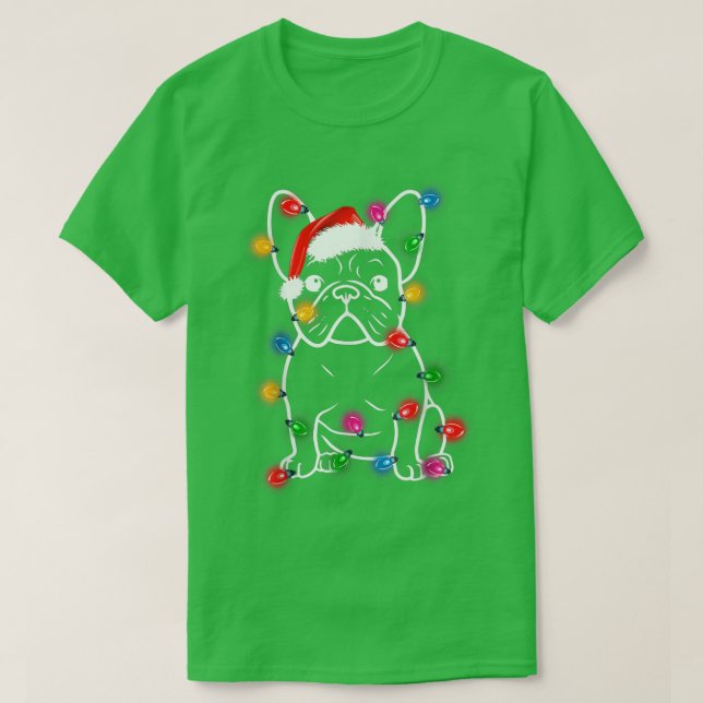 Camiseta O Cachorro Francês Papai Noel Luz Xmas Pajama Ho (Frente do Design)