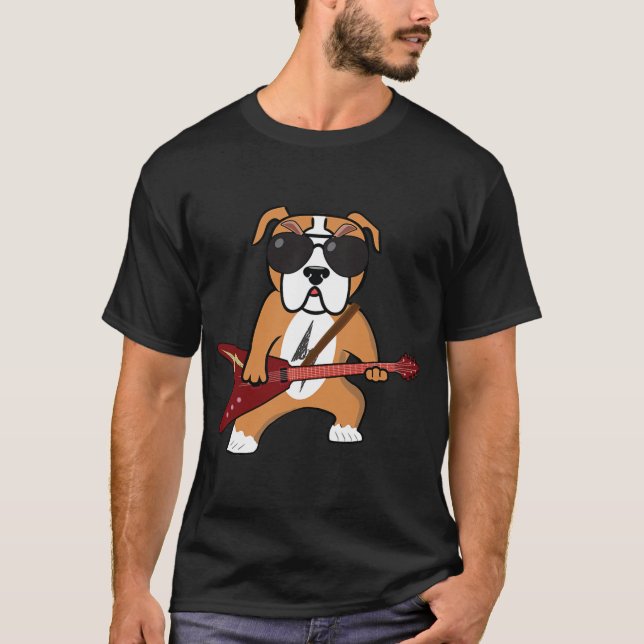 Camiseta O Cachorro Rochedo Engraçado Jogando Guitarra Rock (Frente)