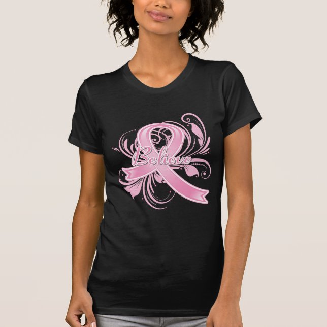 Camiseta O cancro da mama acredita a fita do Flourish (Frente)