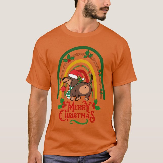 Camiseta O cão de Natal Dachshund deseja Feliz Natal (Frente)