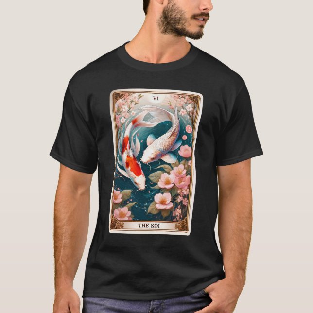 Camiseta O Cartão Koi Fish Tarot Witchy Skeleton Botânico (Frente)
