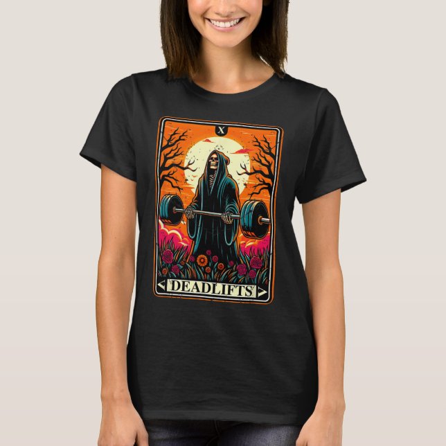 Camiseta O Cartão Tarot Horror Eleva A Ocupação Da Morte (Frente)