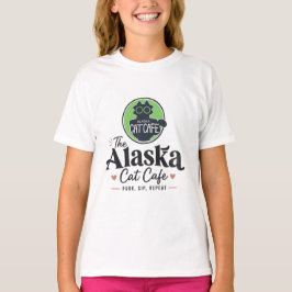 Camiseta O Cat Cafe do Alasca “Ronronar, Beber, Repetir”