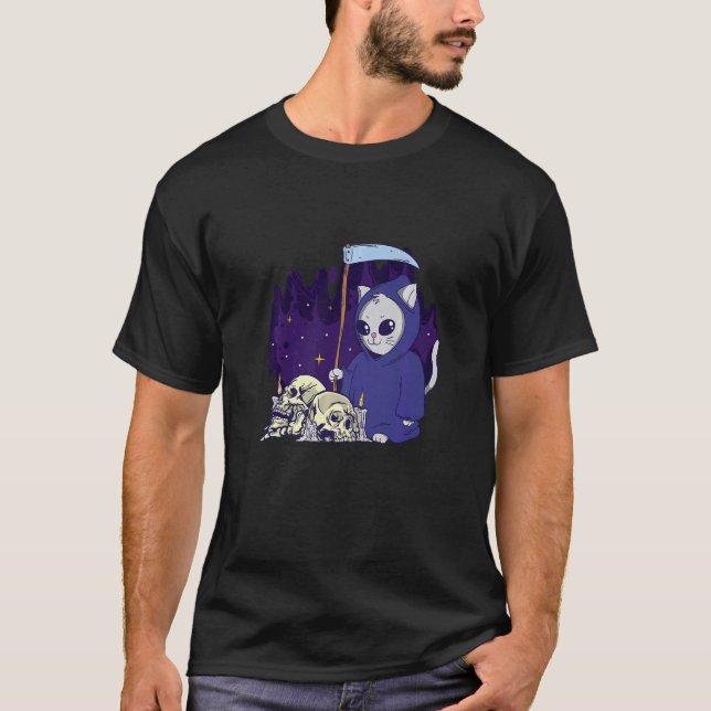 Camiseta O Cat Reaper Duty Encerrou o Skeleton Grim Reaper (Frente)
