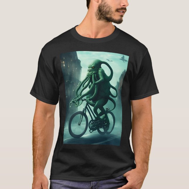 Camiseta O ciclista Eldritch: Cthulhu anda de bicicleta (Frente)