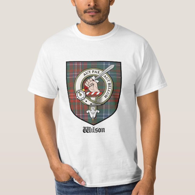 Camiseta O clã de Wilson Crest o Tartan do crachá (Frente)
