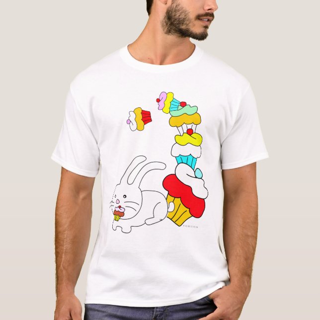 Camiseta O coelho come o TShirt do branco do cupcake (Frente)