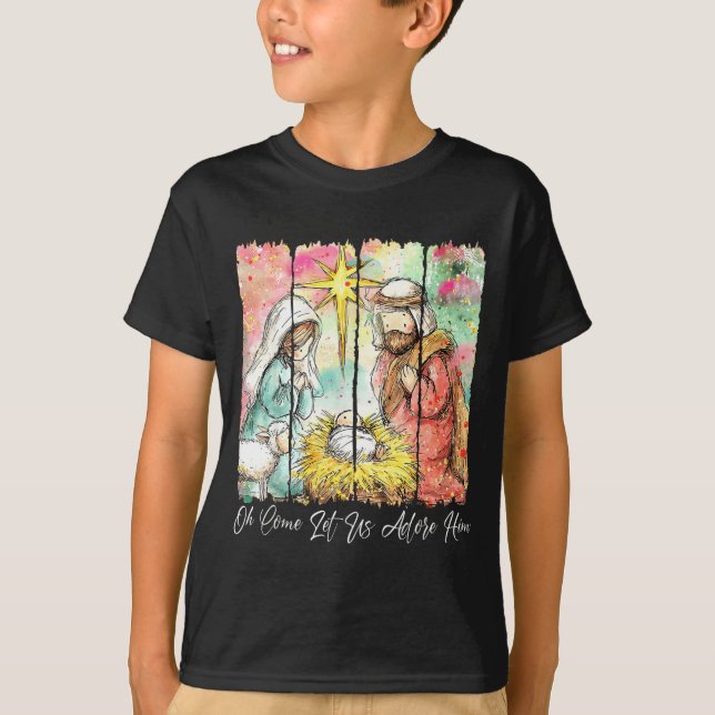 Camiseta O Come Let Us Adore Him Jesus Christian Christmas  (Frente)