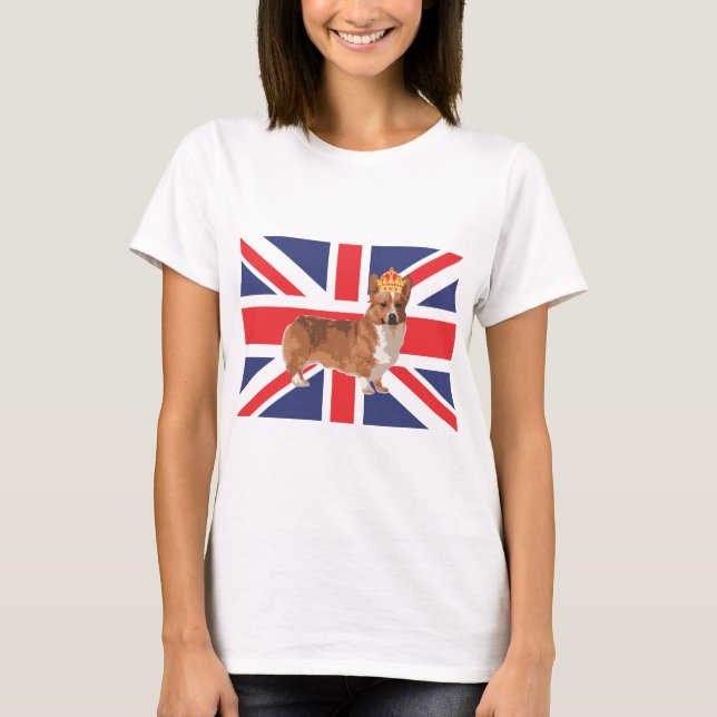 Camiseta O Corgi da rainha com coroa e Union Jack (Frente)