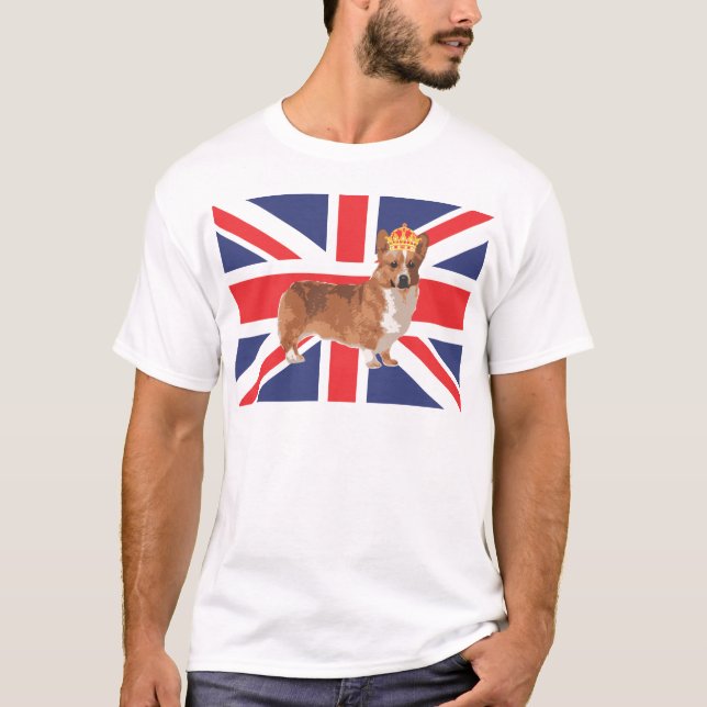 Camiseta O Corgi da rainha com coroa e Union Jack (Frente)