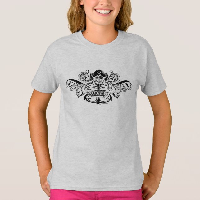 Camiseta O Crachá Pirata "Nunca Diga Morrer" (Frente)