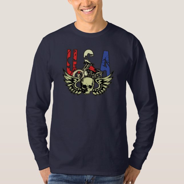 Camiseta O crânio clássico da motocicleta dos EUA voa o (Frente)