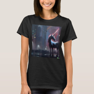 Camiseta O Cyberpunk Unicorn sob um arco-íris num futuro