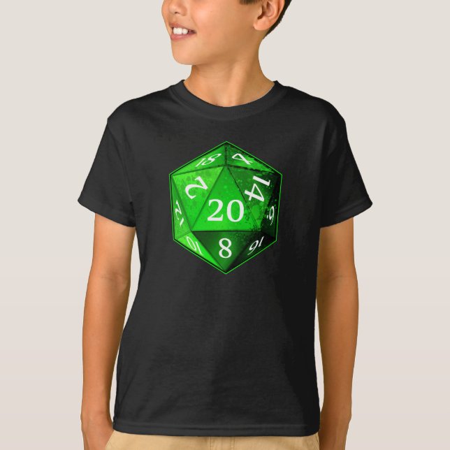Camiseta O D&D ESMERALDA verde e branco de d20 morre (Frente)