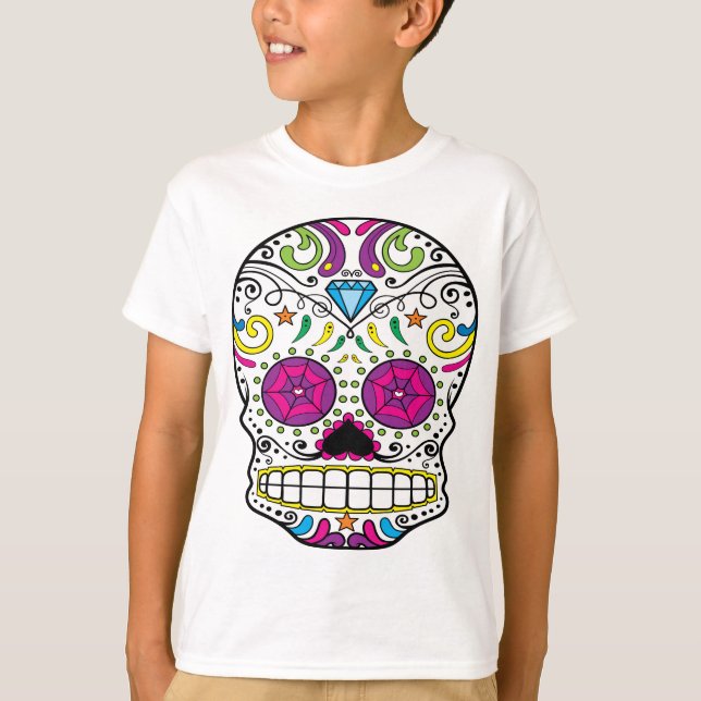 Camiseta O DES Los Muertos do diâmetro do crânio do açúcar (Frente)