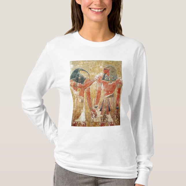 Camiseta O deus Thoth com Seti I no túmulo de Seti (Frente)
