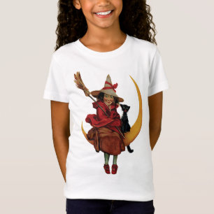Camiseta O Dia das Bruxas antiquado, bruxa com gato preto