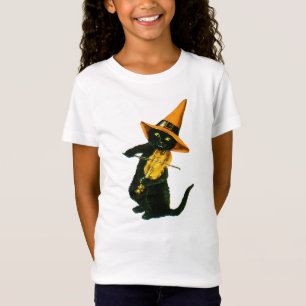 Camiseta O Dia das Bruxas antiquado, gato da bruxa que joga