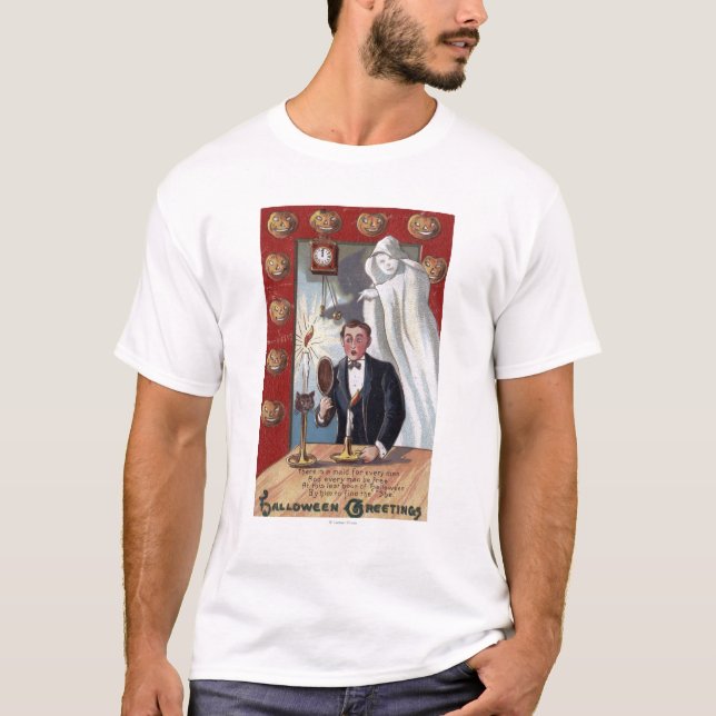 Camiseta O Dia das Bruxas GreetingMan e fantasma (Frente)