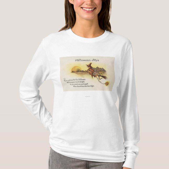 Camiseta O Dia das Bruxas JoysWitch na vassoura (Frente)
