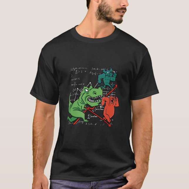 Camiseta O Dinossaur Trex Ataca A Bull E O Mercado De Bear (Frente)